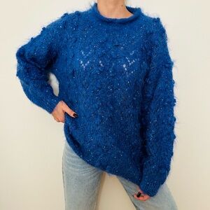 Vintage Icelandic Design Sweater Roll Crew Neck Fuzzy Mohair Blend Cozy Cobalt